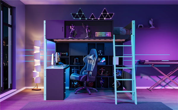 English Elm Full Size Gaming Loft Bed with Led Lighting Desk Drawers and Display Shelving Blue LT000263AAC