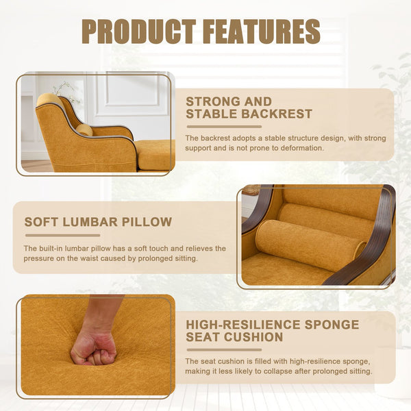 English Elm UNITED Oversized Chaise Lounge Sofa Bed with Solid Wood Arms, High-Resilience Foam, 800lb Capacity and Storage Pockets Mustard yellow W1568S00211
