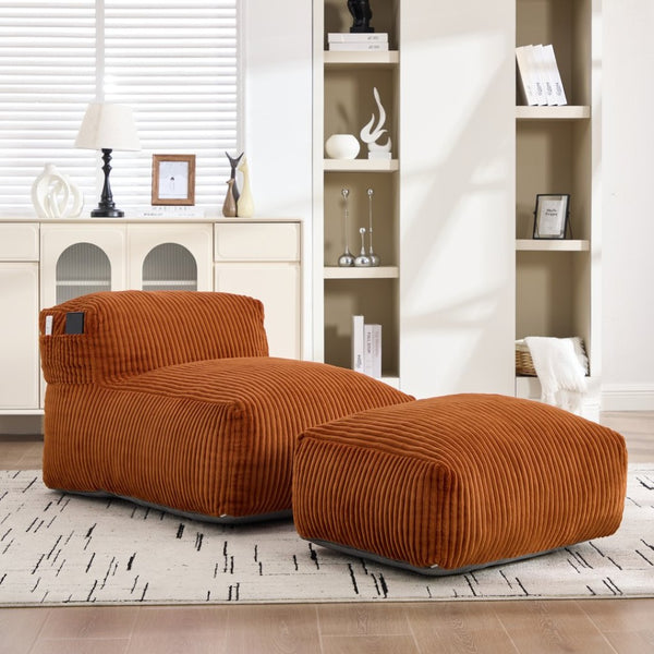 English Elm Big Corduroy Lounger Bean Bag with Ottoman Memory Foam Fill for Living Room Orange W395P435350