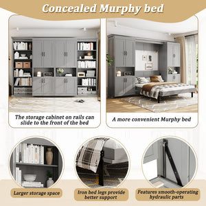 English Elm Full-size Murphy Wall Bed with Sliding Cabinets and Twelve Open Shelves for Studios Gray LP000919AAE