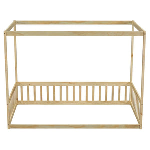 English Elm Twin Canopy Frame Floor Bed With Guardrails - Cozy, Safe Pine Design For Kids' Imaginative Spaces W504P143279-GIGA