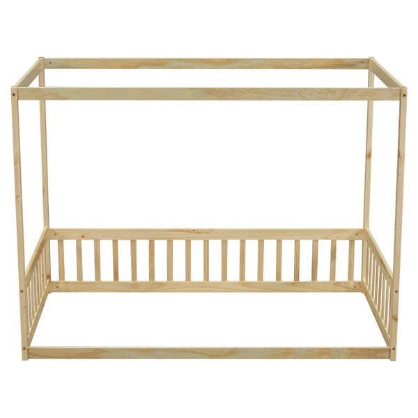 English Elm Twin Canopy Frame Floor Bed With Guardrails - Cozy, Safe Pine Design For Kids' Imaginative Spaces W504P143279-GIGA