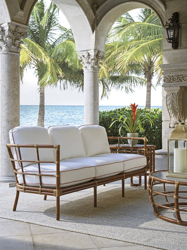 Lexington Tommy Bahama Outdoor 3360-33-40 Sofa - Embrace Coastal Elegance With Luxurious Leather-wrapped Bamboo & Wavy Glass Top  Wood 3360-33-40