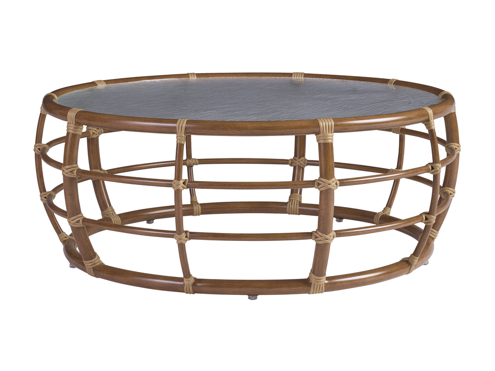 Lexington Tommy Bahama Outdoor 3360-943 Coastal Elegance Round Cocktail Table With Wavy Glass Top - Perfect For Outdoor Living Spaces  Wood 3360-943