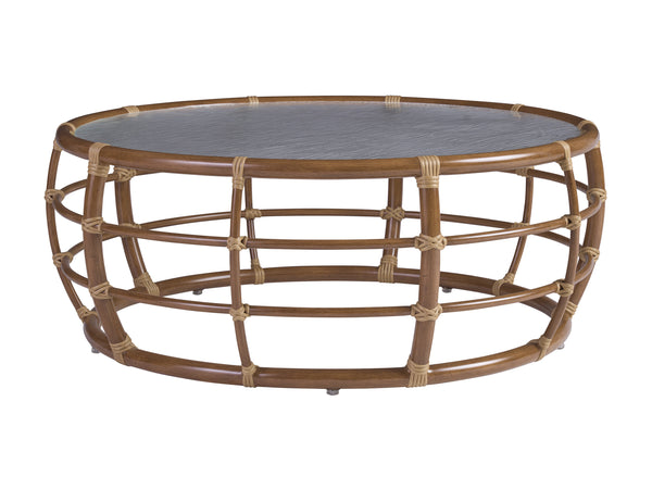 Lexington Tommy Bahama Outdoor 3360-943 Coastal Elegance Round Cocktail Table With Wavy Glass Top - Perfect For Outdoor Living Spaces  Wood 3360-943
