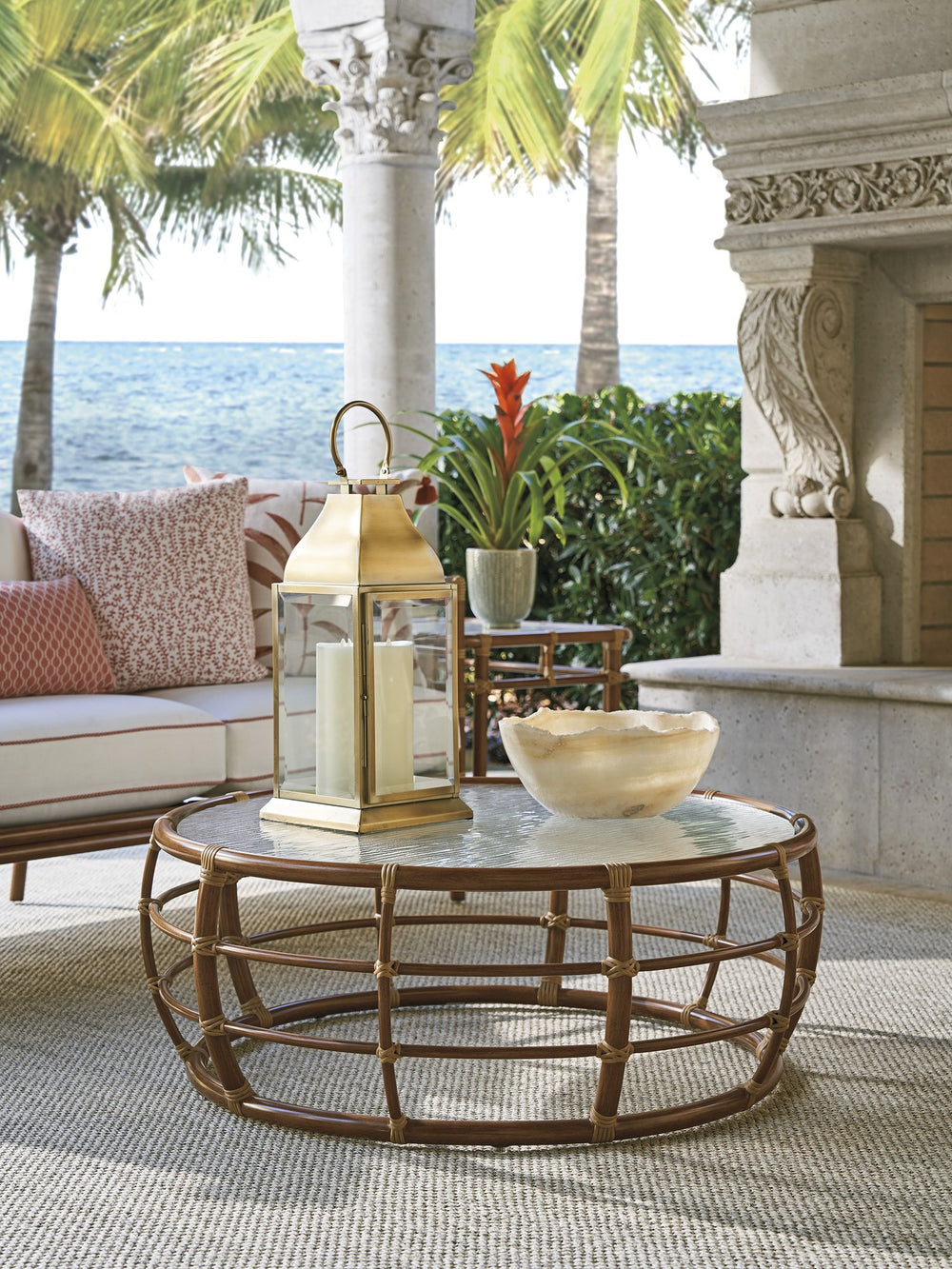 Lexington Tommy Bahama Outdoor 3360-943 Coastal Elegance Round Cocktail Table With Wavy Glass Top - Perfect For Outdoor Living Spaces  Wood 3360-943