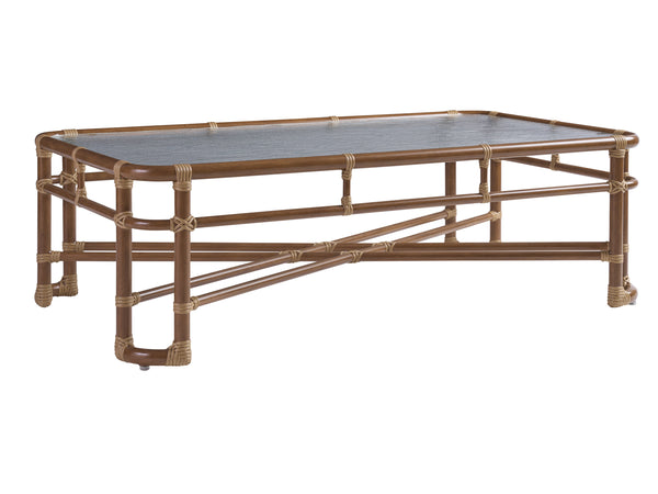Lexington Tommy Bahama Outdoor 3360-947 Coastal Luxury Rectangular Cocktail Table With Wavy Glass Top & Leather-wrapped Bamboo  Wood 3360-947
