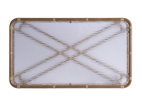 Lexington Tommy Bahama Outdoor 3360-947 Coastal Luxury Rectangular Cocktail Table With Wavy Glass Top & Leather-wrapped Bamboo  Wood 3360-947