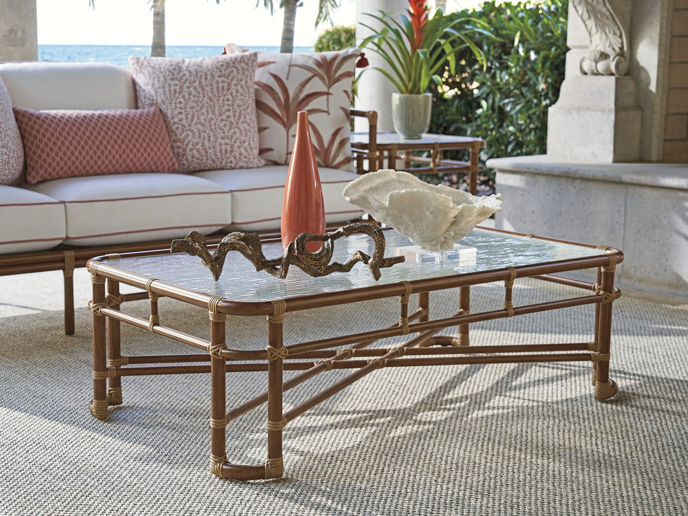 Lexington Tommy Bahama Outdoor 3360-947 Coastal Luxury Rectangular Cocktail Table With Wavy Glass Top & Leather-wrapped Bamboo  Wood 3360-947
