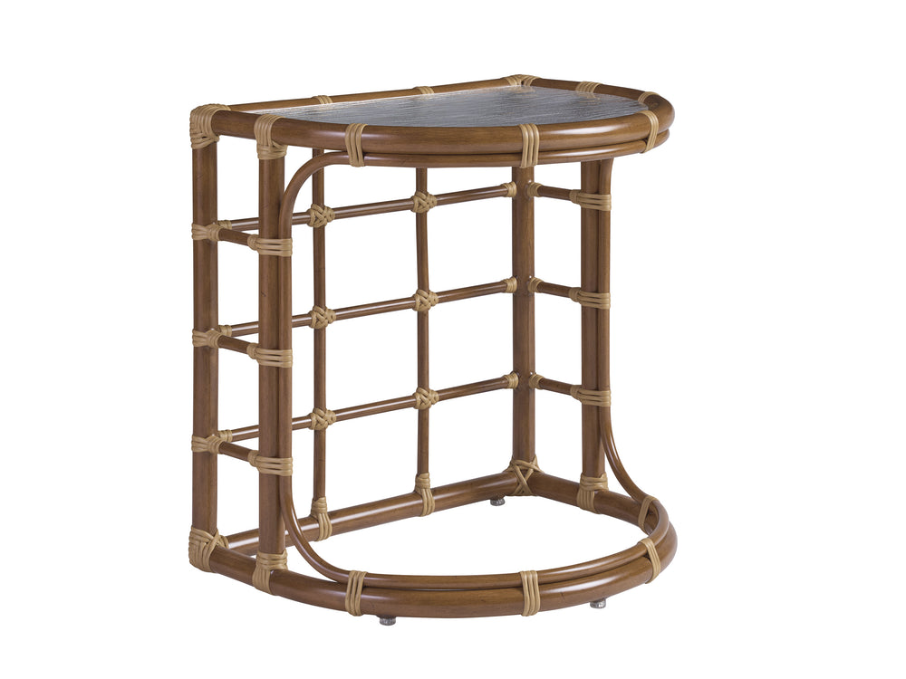 Lexington Tommy Bahama Outdoor 3360-950 Coastal Luxury Demilune End Table - Stylish Bamboo & Wavy Glass For Elegant Living Spaces  Wood 3360-950