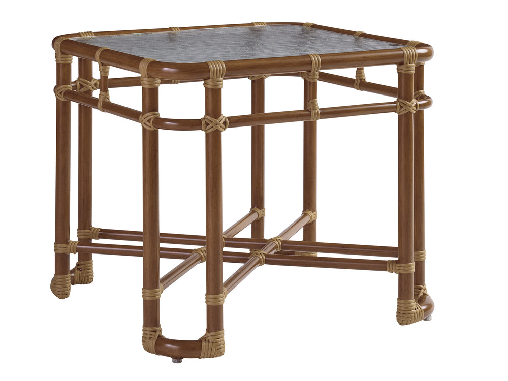 Lexington Tommy Bahama Outdoor 3360-955 Coastal Square End Table - Leather-wrapped Bamboo With Wavy Glass Top For Outdoor Elegance  Wood 3360-955