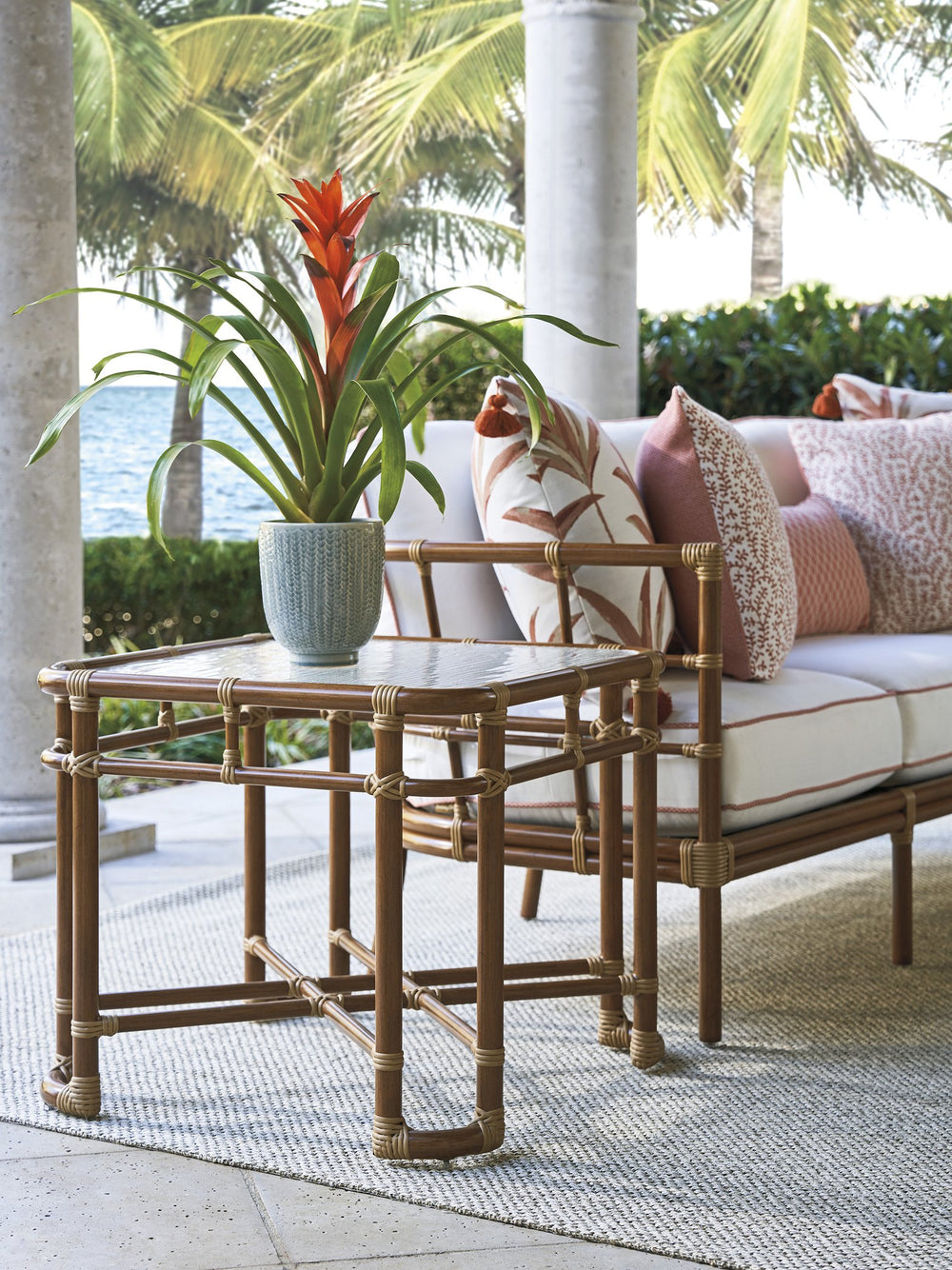 Lexington Tommy Bahama Outdoor 3360-955 Coastal Square End Table - Leather-wrapped Bamboo With Wavy Glass Top For Outdoor Elegance  Wood 3360-955