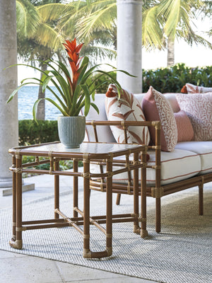 Lexington Tommy Bahama Outdoor 3360-955 Coastal Square End Table - Leather-wrapped Bamboo With Wavy Glass Top For Outdoor Elegance  Wood 3360-955