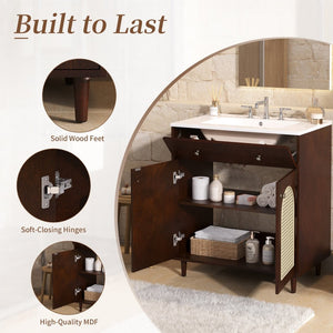 English Elm 30" Rattan Front Bathroom Vanity Solid Pine Cabinet with Ceramic Sink and Adjustable Shelf Walnut N710P293988P