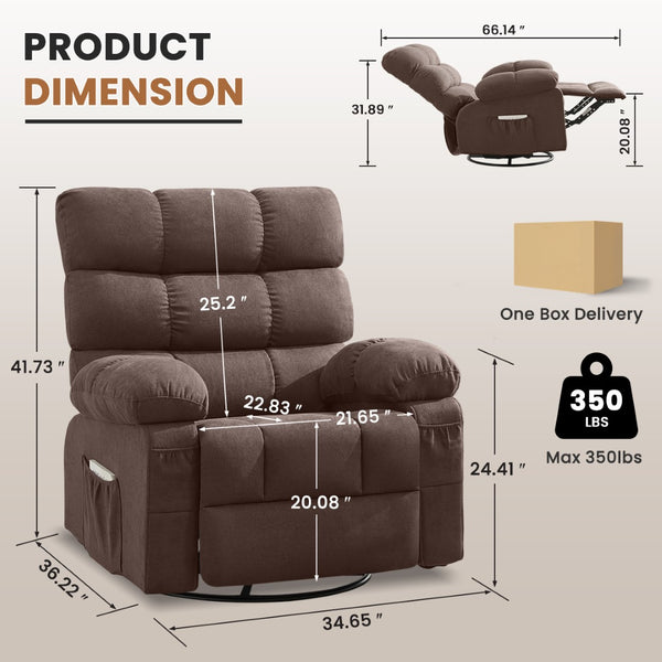 English Elm Swivel Rocker Recliner Ergonomic Glider Chair with Storage Pockets for Small Spaces Brown W1521P479285