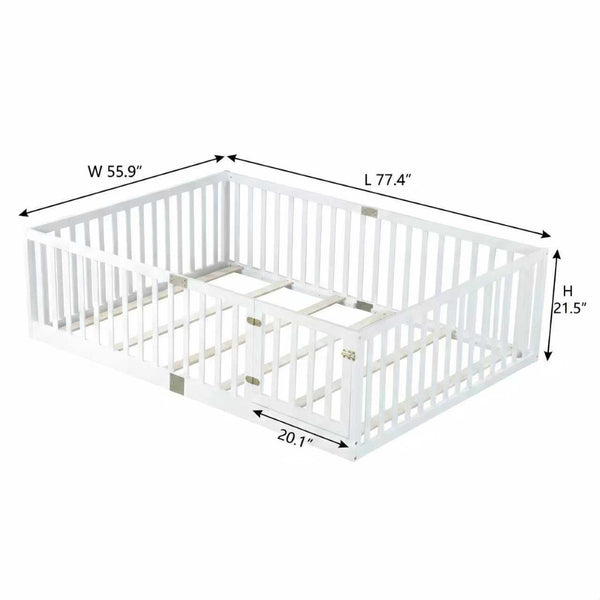 English Elm Twin Floor Bed Solid Rubber Wood with Tall Safety Railings for Toddler Sleep White W504P287658