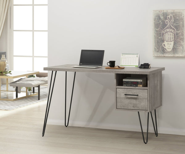 English Elm Grey Oak Desk Gray Wash with Storage Drawer & Shelf, MDF+Metal, Space-Saving Modern Design, Easy Maintenance B2699P237456