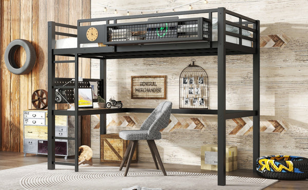 English Elm Twin Xl Solid Pine Loft Bed with Built-in Led Lighting and Storage Shelves W1580S00374