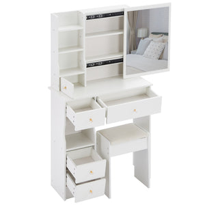 English Elm 29.2" Stylish Compact Vanity Table With Cushioned Stool & Sliding Mirror - High-Capacity Storage Design W936P202270
