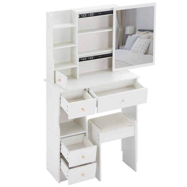 English Elm 29.2" Stylish Compact Vanity Table With Cushioned Stool & Sliding Mirror - High-Capacity Storage Design W936P202270
