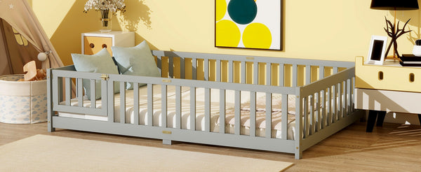 English Elm Full Size Rubberwood Floor Bed with Safety Guardrails and Latching Door for Toddlers Grey W504P429296