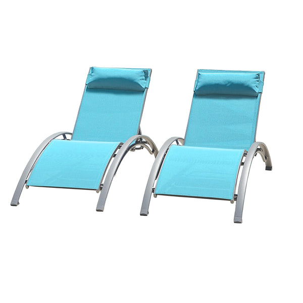 English Elm Pool Lounge Chairs Set of 2 Aluminum Frame Textilene Chaise with 5 Recline Positions & Neck Pillow Lake Blue W1859P321484