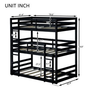 English Elm Triple Rubber Wood Bunk Bed with Built-In Ladders and Guardrails Maximizes Space for Families, Durable Design Black W504S00177