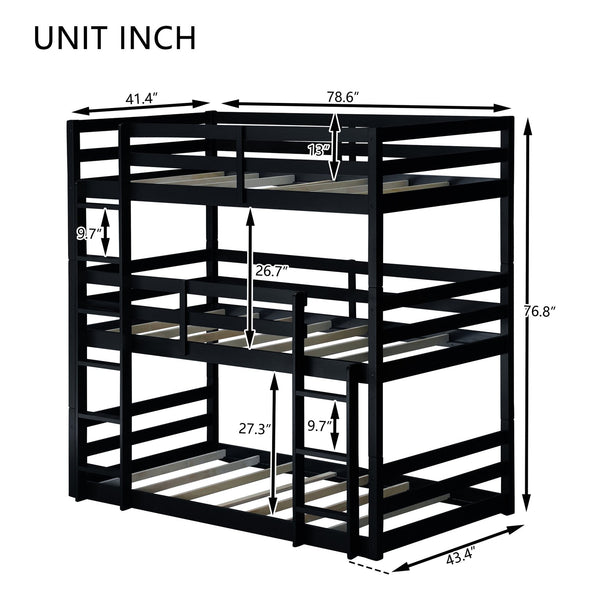 English Elm Triple Rubber Wood Bunk Bed with Built-In Ladders and Guardrails Maximizes Space for Families, Durable Design Black W504S00177