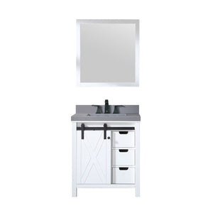 English Elm White Bath Vanity Set With Grey Quartz Countertop, Matte Black Faucet & 28" Mirror For Modern Style B2731S01272-GIGA