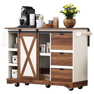 English Elm K&K 55.5" Farmhouse Kitchen Island with Sliding Barn Door, Drop Leaf, Charging Station, Wheels White N707P288229W