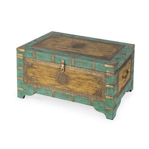 Butler Specialty Nador Hand-painted Brass Inlay Storage Trunk Coffee Table - Vintage Charm & Spacious Functionality Blue,Yellow Mango Solids,Brass 3365114-butler