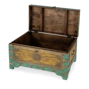 Butler Specialty Nador Hand-painted Brass Inlay Storage Trunk Coffee Table - Vintage Charm & Spacious Functionality Blue,Yellow Mango Solids,Brass 3365114-butler