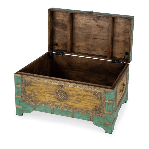 Butler Specialty Nador Hand-painted Brass Inlay Storage Trunk Coffee Table - Vintage Charm & Spacious Functionality Blue,Yellow Mango Solids,Brass 3365114-butler