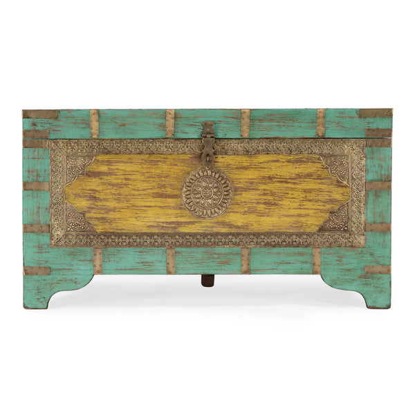 Butler Specialty Nador Hand-painted Brass Inlay Storage Trunk Coffee Table - Vintage Charm & Spacious Functionality Blue,Yellow Mango Solids,Brass 3365114-butler