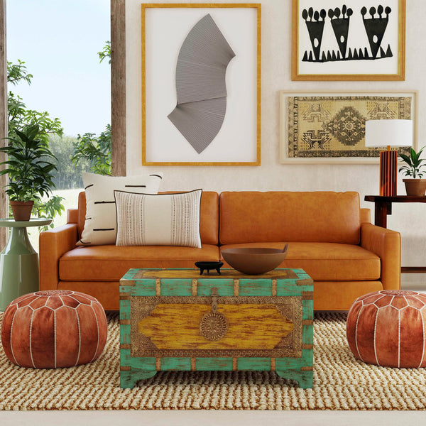 Butler Specialty Nador Hand-painted Brass Inlay Storage Trunk Coffee Table - Vintage Charm & Spacious Functionality Blue,Yellow Mango Solids,Brass 3365114-butler