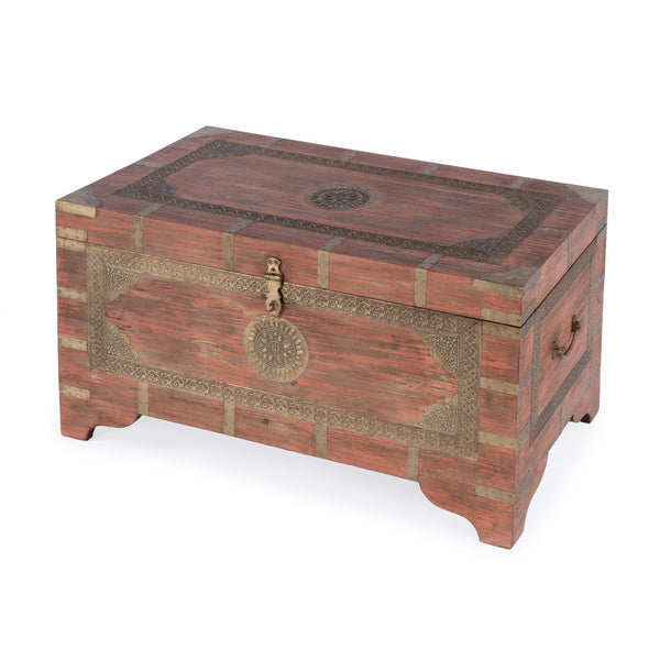 Butler Specialty Nador Hand-painted Brass Inlay Storage Trunk Coffee Table - Vintage Charm & Spacious Functionality Pink Mango Solids,Brass 3365216-butler