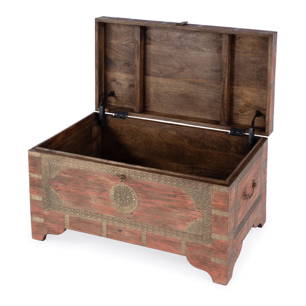 Butler Specialty Nador Hand-painted Brass Inlay Storage Trunk Coffee Table - Vintage Charm & Spacious Functionality Pink Mango Solids,Brass 3365216-butler