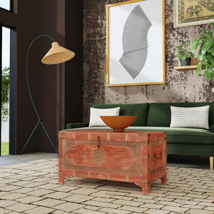 Butler Specialty Nador Hand-painted Brass Inlay Storage Trunk Coffee Table - Vintage Charm & Spacious Functionality Pink Mango Solids,Brass 3365216-butler