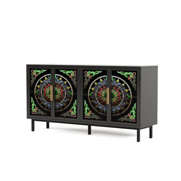 English Elm 60.3 Decorative Cabinet with Stained Glass Doors, Black Metal Frame Buffet for Entry Living Dining W2263P373331
