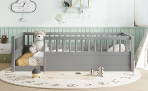 English Elm Twin Montessori Floor Bed Frame for Kids – Pine Playroom Bed with Fence for Reading & Imaginative Play Gray W1580P307881