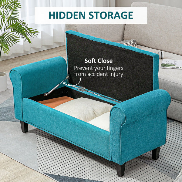 English Elm HOMCOM Tufted 50" Storage Ottoman Bench with Rolled Arms, Velvet Seat, Wooden Legs & Safety Hinge (Teal) W2225P229390