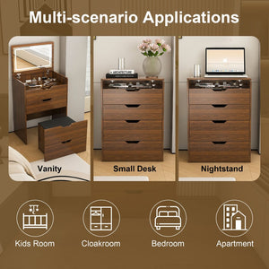 English Elm 3-in-1 Walnut Vanity Desk with Led Lighted Flip Mirror Stool Compact Bedroom Station W2699P404629