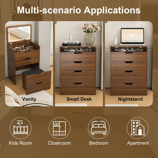 English Elm 3-in-1 Walnut Vanity Desk with Led Lighted Flip Mirror Stool Compact Bedroom Station W2699P404629