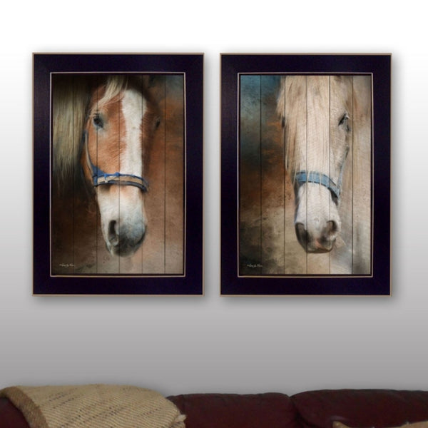 English Elm "two Horses" Framed Canvas Equestrian Print Set Minimalist Wall Art for Modern Decor B06786989