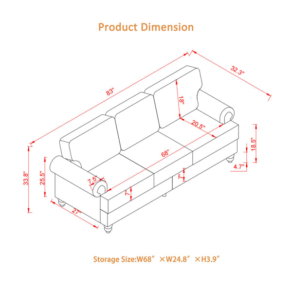 English Elm 83" Modern Classic Three-Seater Sofa with Storage, Upholstered Polyester, Solid Wood Frame, 900lb Capacity Brown W1097S00178