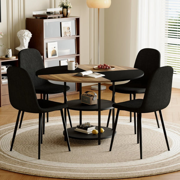 English Elm Table and Chair Set 47 Inch Round Mdf Spliced Top with Dual Tier Storage 4 Seats Black,Wood W1151S03334