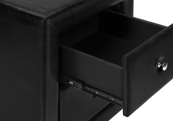 English Elm Nightstand, Upholstered Leather-Look Accent Table with Two Drawers, Chrome Knob, No Assembly Required Black 22 L x 17 W x 22 H B2710P219502