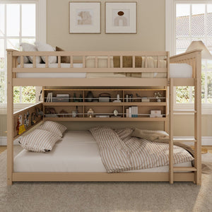 English Elm Full Over Bunk Bed with Led Lighting Pegboard Shelving and Pine Wood Frame Beige LT000278AAA