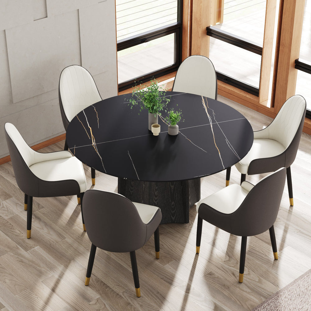 English Elm 59.05" Round Marble Dining Table - Stylish Oak Base For 6-8 People, Modern Scratch-Resistant Top W1535S00381