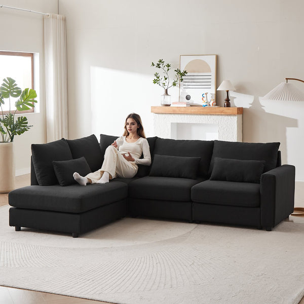 English Elm MH100.2" Sofa Convertible L-Shaped Linen Sectional with Movable Ottoman 5 Cushions 4 Lumbar Pillows Black W1193S00141
